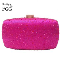 Boutique De FGG Pink Fuchsia Crystal Diamond Women Evening Purse Minaudiere Clutch Bag Bridal Wedding Clutches Chain Handbag 21102255D