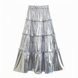 Two Piece Dress Silver Tiered Metallic Pleated Flowy A line Skirts High Street Women s Elastic Waist Cake Midi Skirt for Party 231202