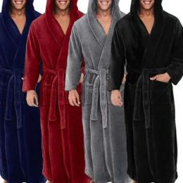 Männer Weiche Korallen Fleece Einfarbig Taschen Lange Bad Robe Hause Kleid Nachtwäsche Herren Pyjamas Pyjamas Set Nachtwäsche Set Loungewear