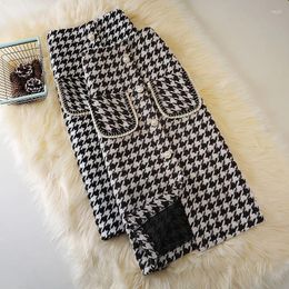 Skirts Autumn Winter Wool Blend Plaid Midi Pencil Vintage Houndstooth Pearls Buttons Pockets Split Slim