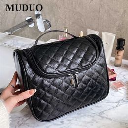 Woman Bags Fashion Plaid Handbags Trendy Cosmetic Bag Girls MakeUp Box Beauty Storage Large Pouch Designer Black Wash Bag 210901341U