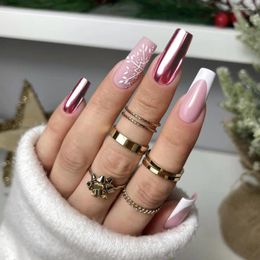 False Nails Pink Mirror Fake Christmas Snowflake French Nail Tips Wearable Full Cover Press On For Girls Xmas Gifts