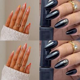 False Nails 24pcs Black Colourful Wavy Long Almond French Fake Nials Press On DIY Manicure Detachable Full Cover Nail Tips