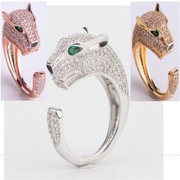 Fashion Lady Brass Full Diamond Green Eyes Zircon Leopard Head 18K Gold Wedding Engagement Open Rings 3 Color236D