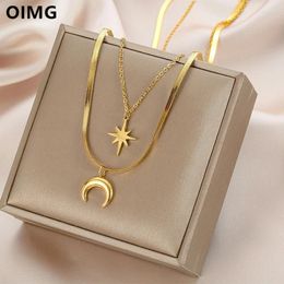 Pendant Necklaces OIMG 316L Stainless Steel Gold Color Double Layer Star Moon Necklace For Women Personality Luxury Bohemian Jewelry