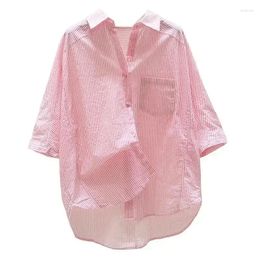 Women's Blouses Pure Cotton Pink Striped Shirt Literary And Fresh Bat Sleeve Single Pocket Top Casual All Season