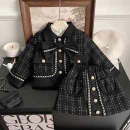 Children Girls Tweed Winter Clothing Sets Suits Cotton Padded Kids Jackets Skirt Thick Warm Fleece Shirt Outfits Set 2 3 4 5 6 7Yrs 4h