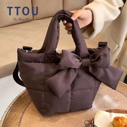 Evening Bags Fashion Bow Space Pad Cotton Women Handbag Tote Winter Quilted Female Shoulder Messenger Bag Nylon Fluffy Padded Shopper Purse 231204