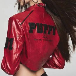 Women's Jackets American Retro Cool Letter Sticker Short Motorcycle PU Leather jacket women Coat Slim Fit Top goth harajuku clothes 231204