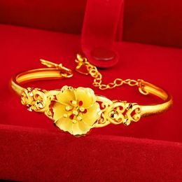 Bangle Real 24k Gold Colour Sand Gold Empty Three Flower Bracelet for Women Bride Engagement Birthday Wedding 999 Bangles Jewellery Gifts 231204