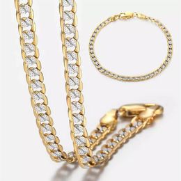 4mm Flat Hammered Curb Cuban Necklace Bracelet Gold Mix Silver Colour for Women Men Jewellery Set GN64A2399