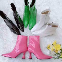 Women Boots Fashion Pointed Patent Leather Candy Colour Overshoot Solid Medium Thin Heel Multicolor Womens 07091011