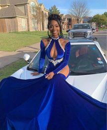 Royal Blue Velvet Long Sleeve Prom Dresses 2024 Applique Beaded Cut High Neck Black Girl Birthday Queen Gown vestidos de gala