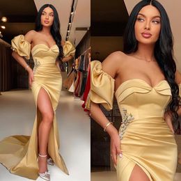 Fashion Gold Prom Dresses Leaf Beads Waist Puffy Sleeves Evening Gowns Pleats Slit Sheath Formal Long Special Ocn Party Bridemaid Dress 0607