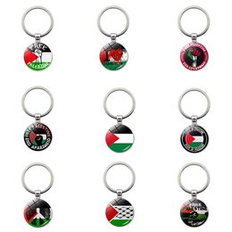 Crystal Glass Palestine Pendant Keychains Round Shape Glasses And Alloy Car Key Chain Good Peace Keychain Gift 12 Styles