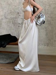 Skirts Elegant Women's High Waist Silk Satin A-line Skirt Lady Fashion Solid Colour Gold Office Long For Y2K 2023