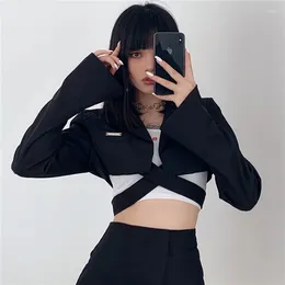 Women's Jackets MEXZT Y2K Cropped Women Black Cross Bandage Suit Coats Streetwear Blazers Korean Long Sleeve Casual Short Outwear Tops