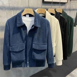 Men's Jackets 2023 Men Autumn Winter Fashion Solid Colour Corduroy Short Pockets Loose Outerwear Male Lapel Casual Coats D515