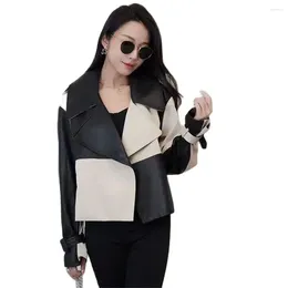 Women's Leather Pu Outerwear Black White Check Splice Jacket Coat Tops 2024 Spring Autumn Korean Casual Coats Street