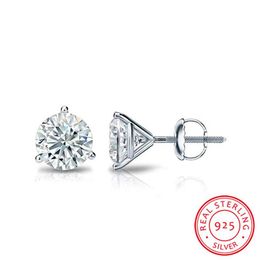 Female Small Screw Stud Earrings 6 7 8mm Round Lab Diamond Earrings 100% Real 925 Sterling Silver For Women245f