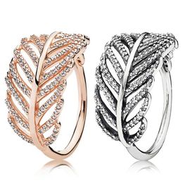 Rose gold glitter light feather ring women hollow leaves retro Wedding finger items with Original Box for pan W163330w