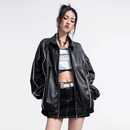 Women's Jackets Black Leather Bomber Jackets Women Fashion Pu Baseball Outerwear Varsity Jacket Streetwear Hip Hop Y2k Unisex Men Top Coats 231204