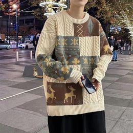 Men's Sweaters Loose Fit Sweater Christmas Style Colorblock Elk Snowflake Printed Fall Winter Long Sleeve