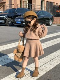 Clothing Sets 2023 autumn winter cotton baby girls clothes set Hooded sweater skirt 2pcs kid outfit Korean childrens knitted suit kleding 231204