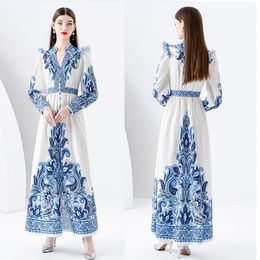 Vintage Elegant Paisley Floral Vacation Dress Robe Long Sleeve Woman Designer V-Neck Slim Ruched Party Ruffle Boho Maxi Dresses 2023 Spring Fall Sweet Runway Frocks