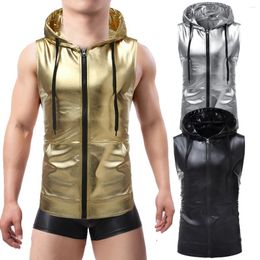 Men's Vests Mens Metallic Wetlook Faux Leather Sleeveless Hooded Coats Man Zipper Jacket Tops Biker Male Nightclub Stage Dance Costume