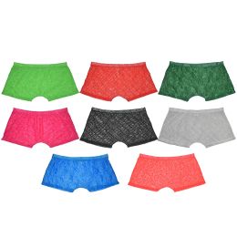 Men Lace Boxers Flat Front Trunks See-Through Jacquard Underwear Daily Sexy Boxer Brief Stretchy Hoop Pants