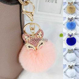 Key Rings Cute Mini Fox Pendant Keychains For Women Girls Fluffy Fur Key Ring Chains Pompom Ball Rhinestone Car Keyring Holder Charm Bag YQ231204