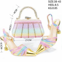 2023 women Ladies real leather summer sandals 8.5CM high heels Rainbow Rhinestone pillage toes pionted diamond with hand bag wedding shoes Elastic band size 38-43