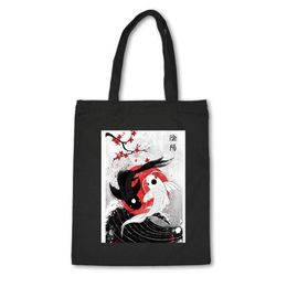 Shopping Bags Japanese Style Canvas Bag Cotton High Quality Black Unisex Handbag With Fish Print Custom Cloth Bolsas De Mano348p