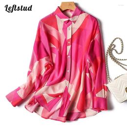 Women's Blouses Pink Geometric Printing Thin Vintage Chic Office Lady Loose Long Sleeve Blouse Shirt Korean Fashion Female Clothing Tops