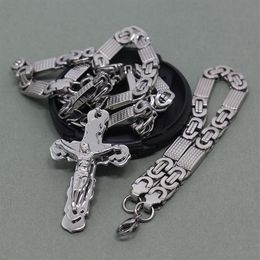 8mm Flat Byzantine Chain Stainless Steel Necklace For Men's Jesus Cross Pendant jewelry317L