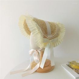 Hats French Style Wheat Straw Sun For Girls Sweet Lace Bow Ribbon Cap Handmade Summer Beach Hat Children Fashion Accessory