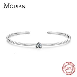 Bangle Modian 100% Real 925 Sterling Silver Round Clear Ten Heart CZ Open Bracelet For Women Fine Jewelry Charm Adjustable Bangle Gifts 231204