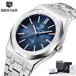 Relogio Masculino Benyar Men Watch Auto Date Waterproof Blue Face Stainless Steel Quartz Watches Mens Luxury Business Male Clock W278A