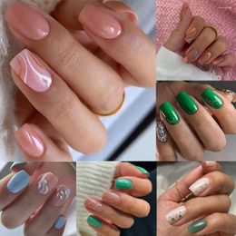 False Nails 24pcs Long Square French Fresh Flowers Leaf Colorful Wavy Fake Full Cover Press On Nail Tips