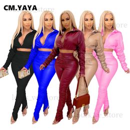 Women's Two Piece Pants CM.YAYA Faux Leather Two 2 Piece Set for Women Streetwear PU Crop Tops Stacked High Waist Pants Matching Set Tracksuit Outfit T231204