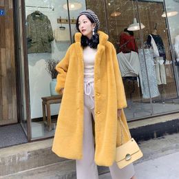 Women's Fur Winter Mid-Length Thick Warm Faux Overcoat Women Casual Long Sleeve Imitation Coat Pink Yellow Black Beige Blue