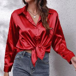 Women's Blouses Womens Satin Solid Shirt Ladies Casual Baggy Button-up OL Work Blouse Tops