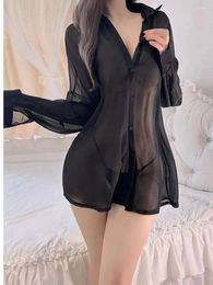 Women's Blouses Sheer Romantic V Neck Button Decoration Fun Sexy Chiffon Boyfriend Style Back Split Strap Spicy Girl Temptation PPF2