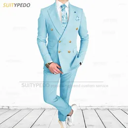 Men's Suits Latest Sky Blue Suit For Men Formal Slim Fit Double Breasted Jacket Pants 2 Pieces Luxury Prom Business Wedding Tuxedos