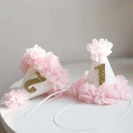 Party Hats Girl Pink Flower Chic 1st Birthday Hat White Glitter Party Hat 1 2 3 years old Headband Cake Smash Party Cap Pets Birthday Hats 231204