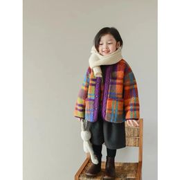 Jackets Cute Plaid Print Fleece Coat for Kids Girls Contrast Color Long SLeeve One Breasted Plush Fall Winter Fashion Outerwears 231204