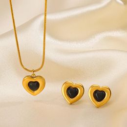 Necklace Earrings Set Stainless Steel Black Love Heart Pendant Jewelry For Women Girls Chain Accessories Wedding Party Gifts