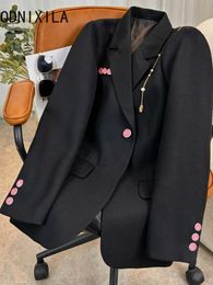 Womens Suits Blazers Korean Fashion Blazer Women In Outerwears Pink Button Temperament Autumn Black Long Sleeve Top Casual Jacket Coats 231204