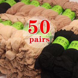 Women Socks 100pcs 50 Pairs Spring Summer Thin Silk Non-Slip Skin Solid Color Transparent Ladies Breathable Sock